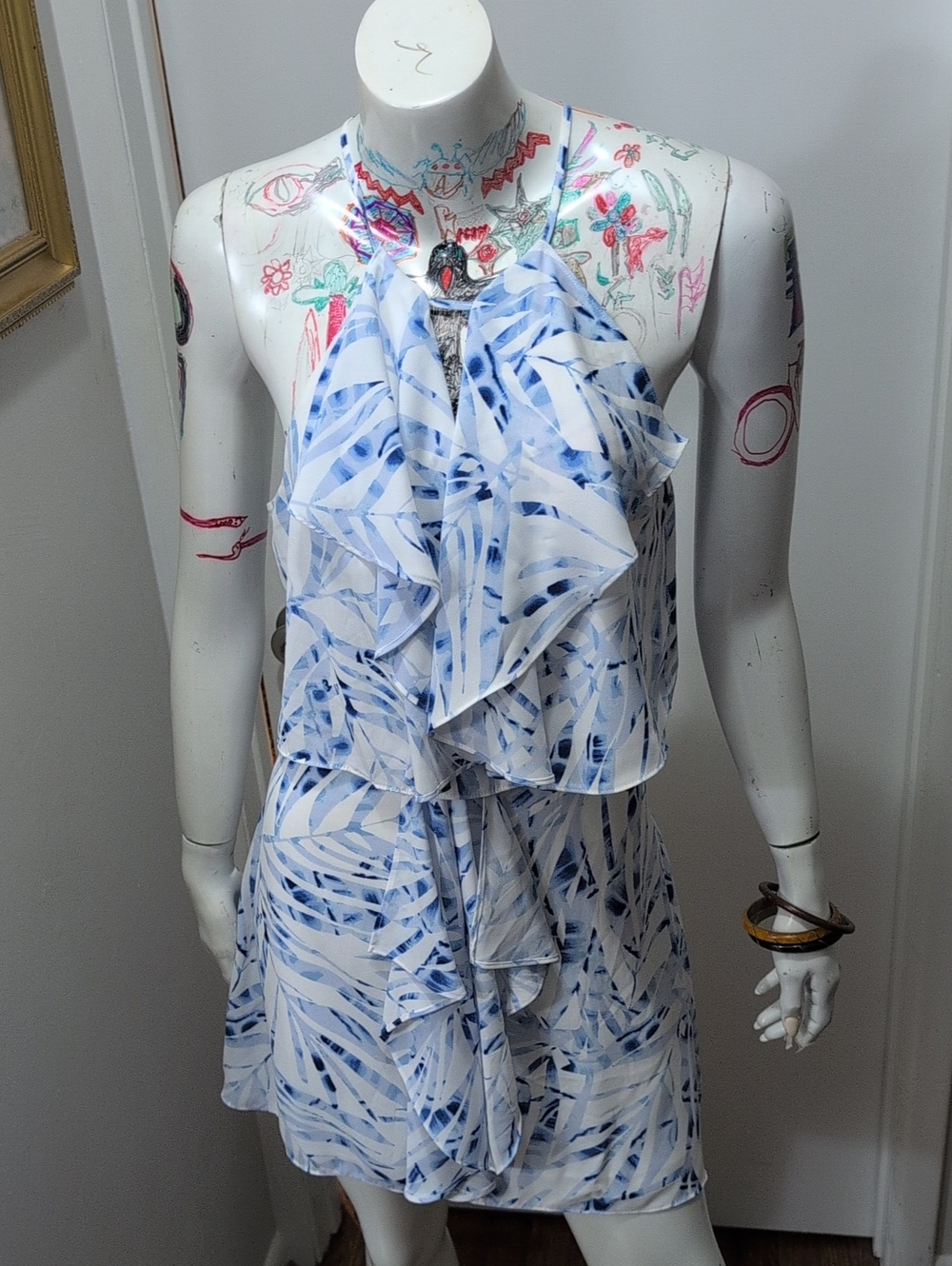 BCBGMaxAzria White and Blue Ruffled Halter Mini Dress